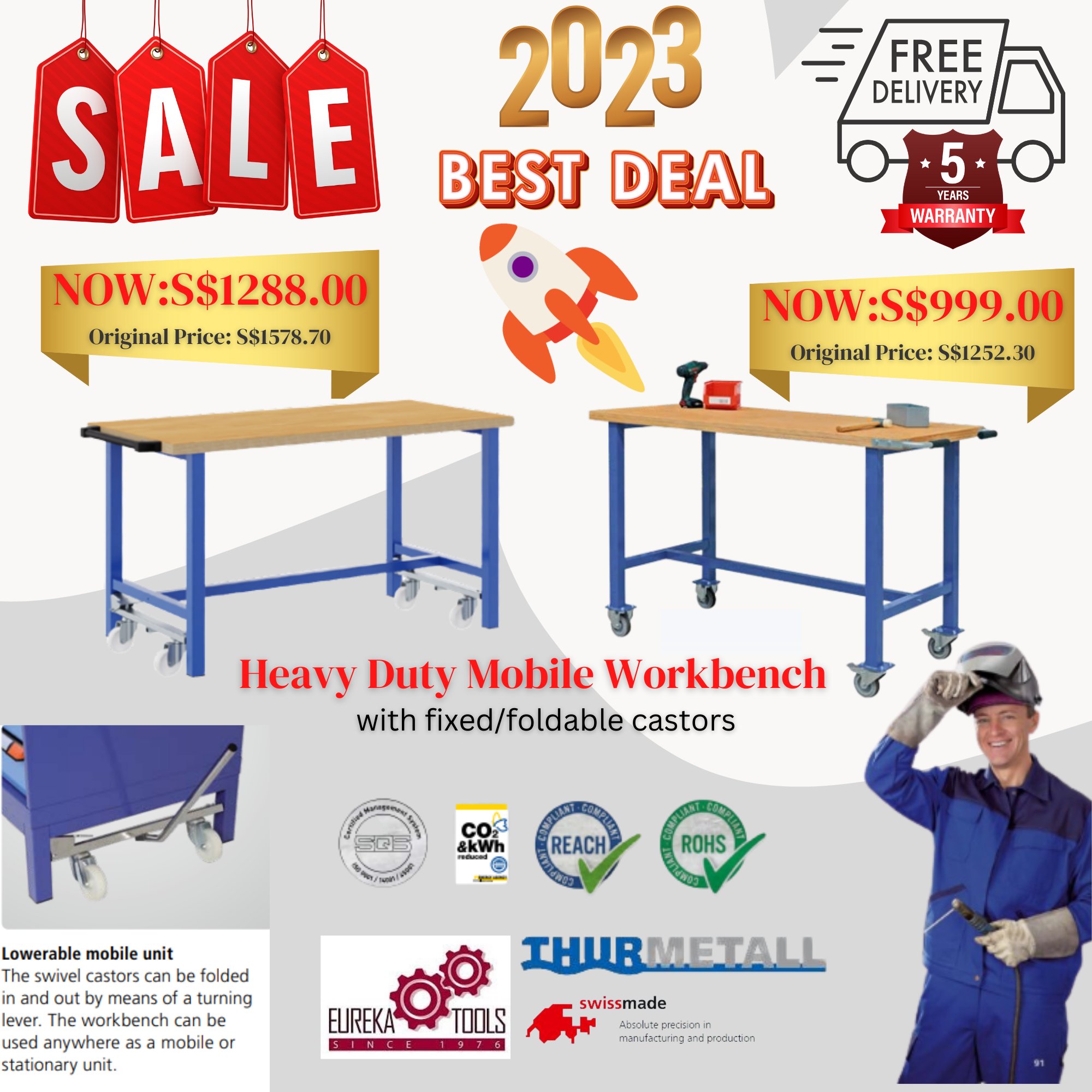 Thurmetall AG - Heavy Duty Mobile Workbenches with Fixed/Foldable Castors Special Promo Sale!